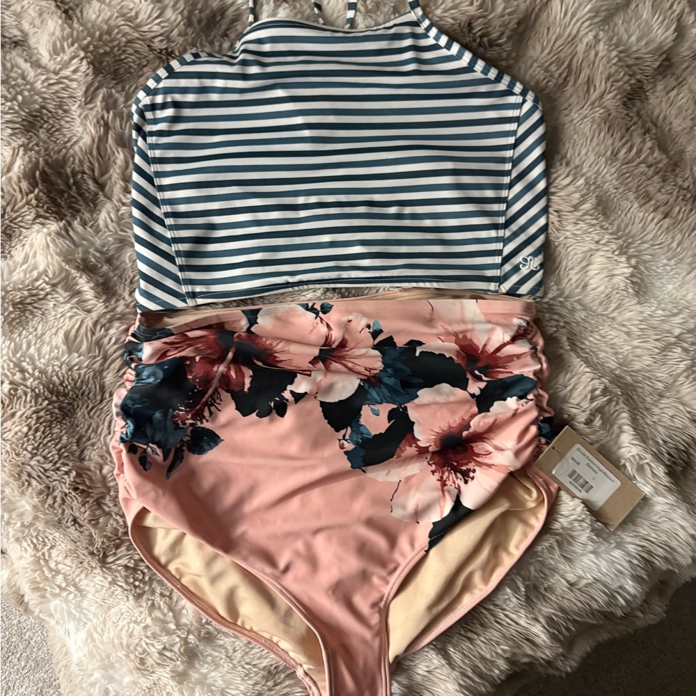 Albion Two Peice Striped and Floral Bikini Set
